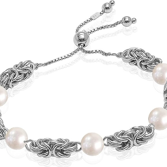 Sterling Silver Byzantine Bracelet Women Pearl Link Chain Jewelry Gift - Picture 1 of 8